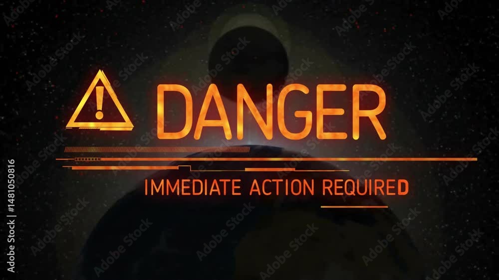 Aufkleber glowing orange warning graphic floating in sci fi scene, displaying triangle icon and progress bars