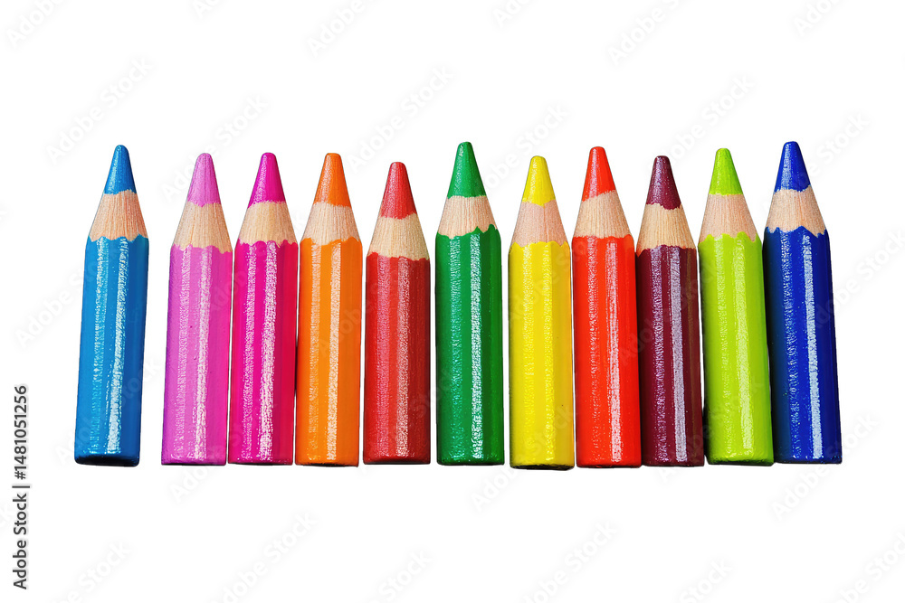 Poster a row of eleven colorful pencils against a transparent background with the tips of the pencils all f