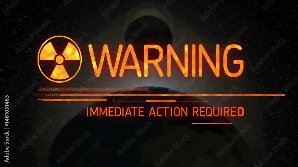 Poster radiation hazard symbol glowing over planet while horizontal data lines flashing in starry space
