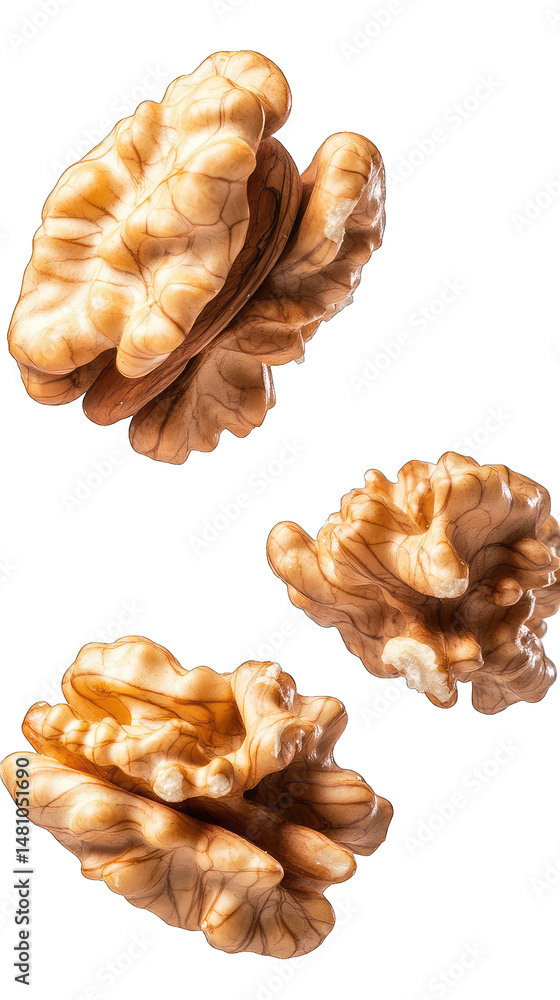 Poster three whole walnuts with shells slightly open falling against a transparent background