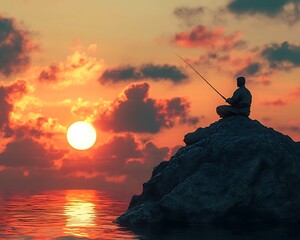 A statue of a fisherman perched on a rock, fishing peacefully during a stunning sunset
