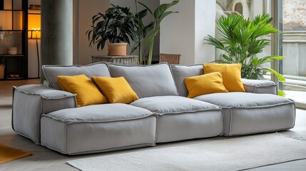 Boho living room with gray sofa and yellow pillows, a cozy and stylish retreat