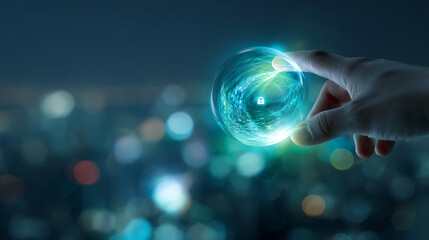 Hand gently holds glowing sphere with padlock icon, symbolizing digital security and data protection against a blurred city background, suitable for tech or cybersecurity concepts