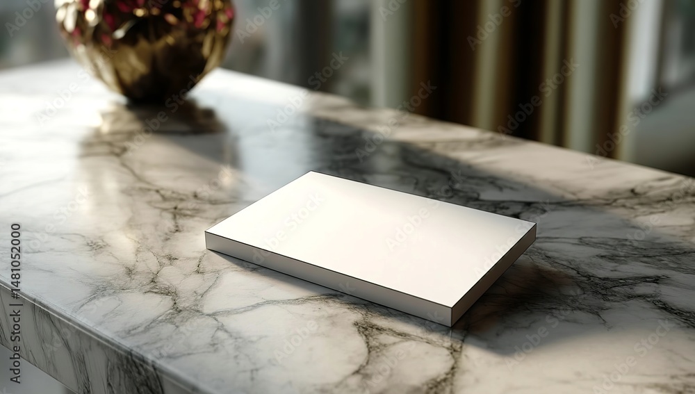 Poster a close-up of an empty white business card on top of a marble table, with light and shadow creating