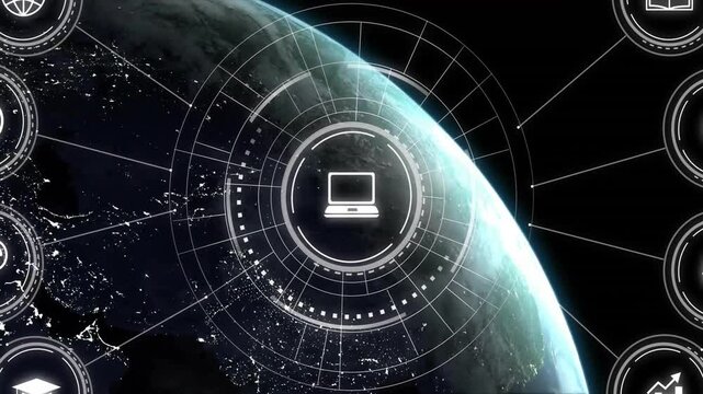 Digital HUD over Earth showing laptop icon at center, radiating lines connecting network nodes