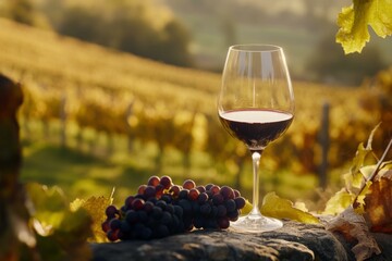  Wine glass and grapes in sunlit Burgundy vineyard, luxury French tasting experience, autumn landscape