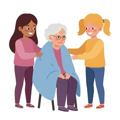 Obraz premium Caring Grandchildren Tenderly Assisting Elderly Grandmother Wrapped in a Warm Blanket Illustrating Family Love Generosity Support Elderly Care Intergenerational Relationships
