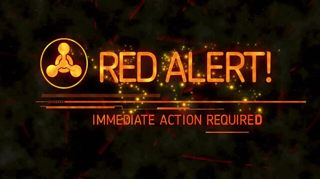 Displaying glowing orange RED ALERT text with warning icon and HUD bars over smoky interface