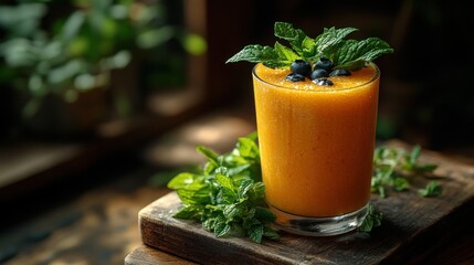 Vibrant orange smoothie topped with fresh blueberries and mint