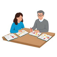 A young woman and older man collaborate on a project reviewing documents together at a table, showcasing teamwork and mentorship in a professional setting with open books and a red pen.