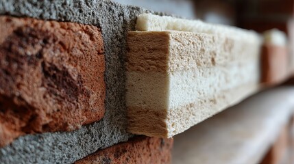 High Resolution Detailed Image of Brick Wall Insulation Layers Modern Building Construction Material Thermal Insulation Close Up View Building        