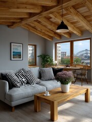 Modern Scandinavian living room with wooden ceiling beams, large windows, and stylish black and white decor