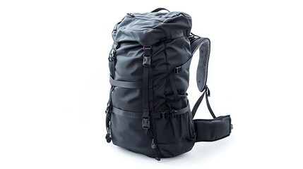 A sturdy black nylon rucksack, ideal for travel or hiking, isolated on a clean white background, emphasizing its practical design