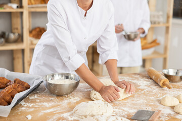 Cute doughs arranged on table in light bakery with close-up of woman's hands skillfully kneading dough at food production line