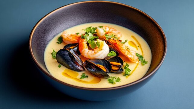  Traditional acorda de marisco with fresh mussels and shrimps, Portuguese bread soup, main course delight