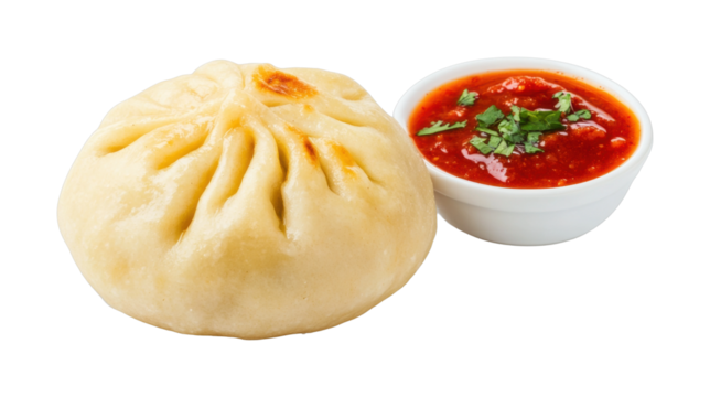 Steamed dumpling and spicy red sauce, cut out - stock png.