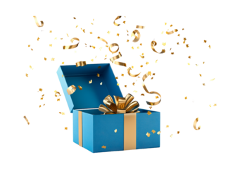 Open blue gift box and golden confetti filling the air isolated on transparent background