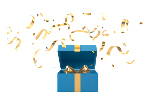 Open blue gift box and golden confetti filling the air isolated on transparent background