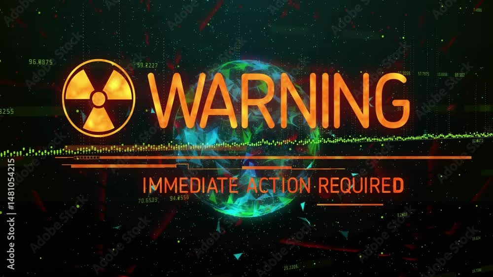 Poster futuristic hud showing rotating radiation symbol and glowing warning text over wireframe globe