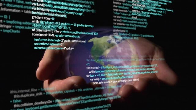 Hands holding spinning digital globe while code lines streaming across dark space in 3D render