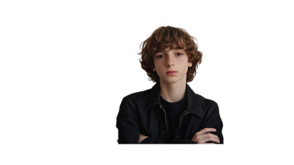 Confident Preteen Boy with Curly Hair, Arms Crossed, Studio Portrait