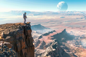 Naklejka premium Astronaut explores Mars landscape with Earth view, futuristic colony concept, extraterrestrial adventure scene.