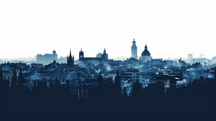 Naklejka premium Madrid skyline silhouette in navy blue showcasing iconic architecture and urban landscape, Spain panorama