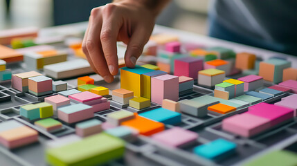 Obraz premium Hand Arranging Colorful Blocks on a Grid