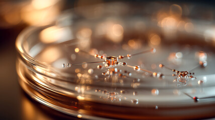 Close-up of a network structure in a petri dish, possibly representing a molecular or technological assembly concept. 