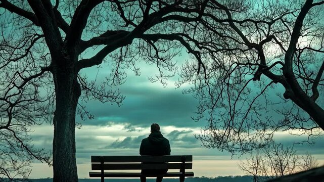 A lone man sits on a bench under a tree, gazing at the distant landscape.