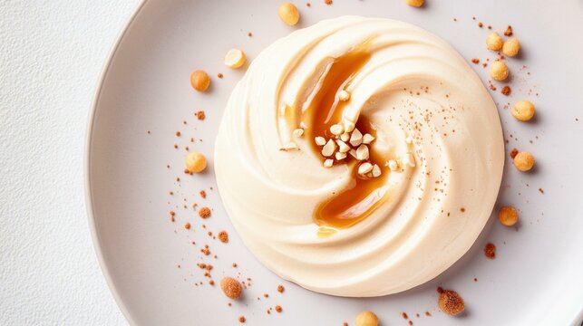  Elegant baba de camelo dessert with caramel sauce and nuts, Portuguese cuisine, top view on white plate