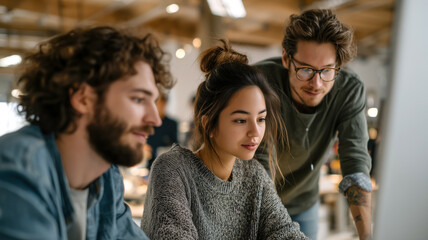 A collaborative team of three looking at a computer screen, working together in a modern office space on a project.