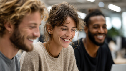 Obraz premium Three diverse colleagues collaborating in a bright office space, sharing a joyful moment. Teamwork and modern workspace.