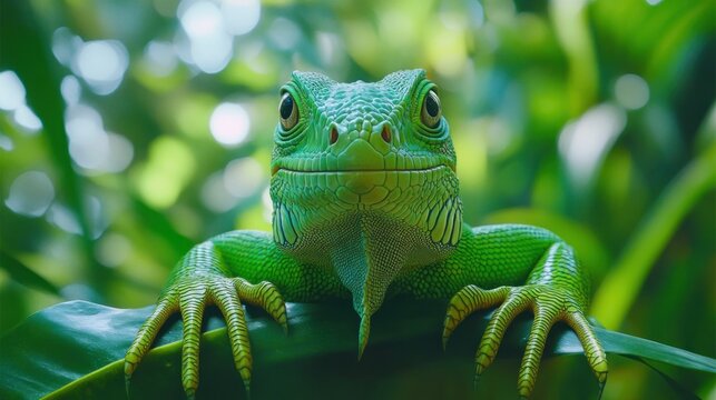 Vibrant green lizard in lush foliage