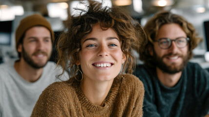 Fototapeta premium A smiling woman is in the foreground, while two men are blurry in the background; indoor setting, natural light