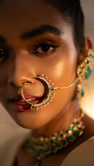 Elegant indian woman showcasing exquisite jewelry featuring emeralds and pearls close up portrait