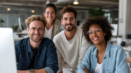 Obraz premium Smiling office workers. Diverse team collaborates in modern workspace. Friendly and enthusiastic group. Focus on connection and success.