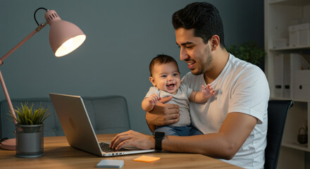 Young Latino father happily holding his baby while working from home at his desk