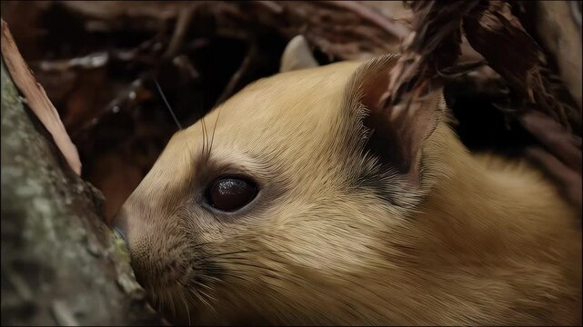 Close-up portrait of a Common Cuscus peering out from a hollow tree, looking at the camera with curious expression and shiny black eyes.
