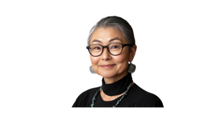 Portrait of a Confident Mature Asian Woman with Short Gray Hair and Glasses