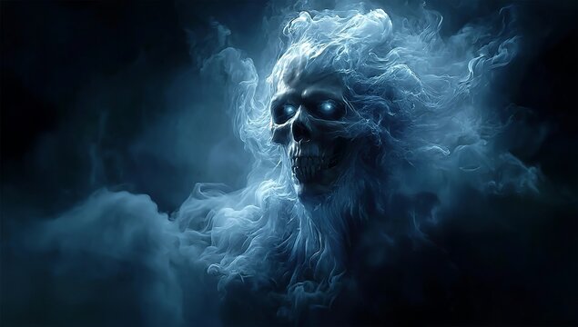 A dark, ghostly skull figure made of smoke, with glowing eyes and ethereal hair floating around it