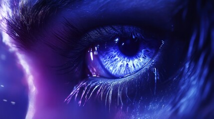 Close-up of vibrant blue eye, detailed lashes, intense light