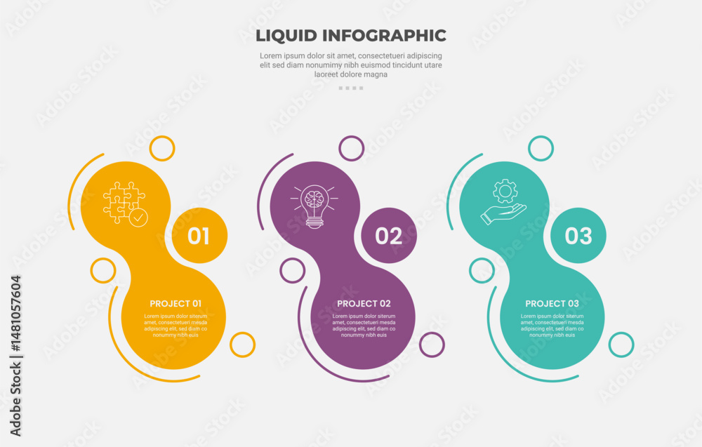 Aufkleber liquid and fluid shape infographic outline style with 3 point template with vertical standing bubble