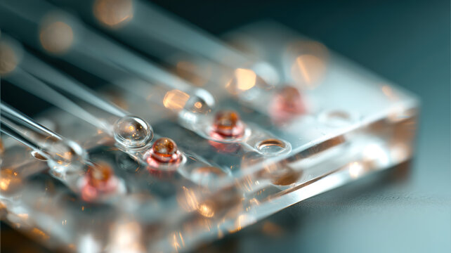 Close-up of a science experiment with clear pipettes and microfluidic device, showcasing fluid dynamics and technological innovation.