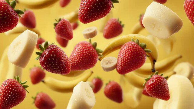 Strawberries and bananas flying in vitamin explosion on yellow background