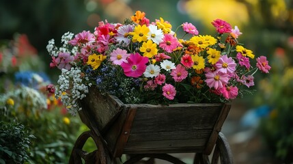 Vibrant Cosmos Flowers in Rustic Wooden Wheelbarrow Summer Garden Blooming Colorful Petals Nature Photography Beautiful Floral Arrangement Red Pink   