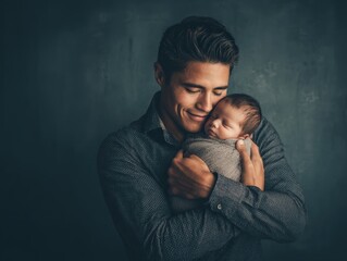 Studio portrait of a Hispanic father tenderly holding his newborn baby, perfect for Father’s Day, parenting, and family love themes