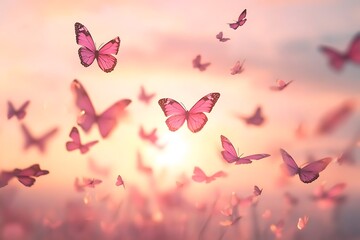 A swarm of pink butterflies soaring across a softly glowing, rosy sunset sky, their gentle movement casting delicate shadows beneath