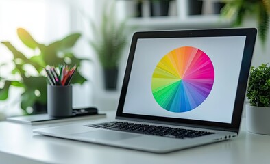Laptop displaying color wheel on screen in a modern workspace