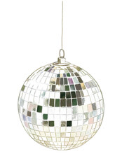 Fototapeta premium Reflective disco ball hanging from wire with square mirrors, cut out - stock png.